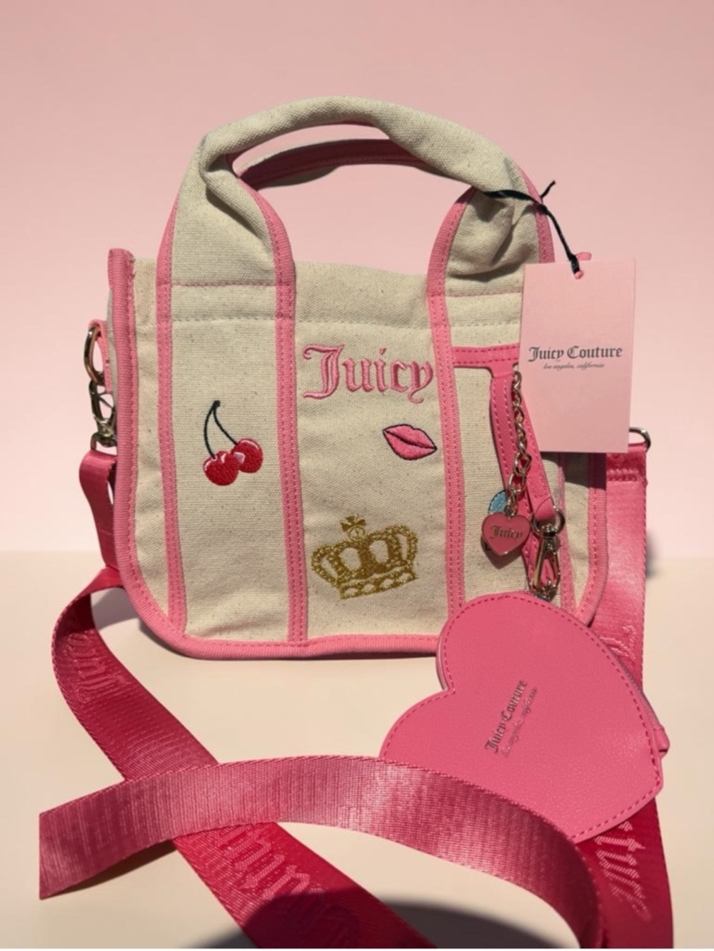 Juicy Couture NWT Embroidered Canvas Crossbody Bag w/Heart Pouch & Charms - Picture 10 of 10